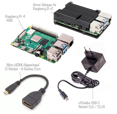 Raspberry Pi 4 Model B 4GB RAM Starter Set mit Armor Gehäuse, USB-C Netzteil und Micro HDMI Kabel – ideal für DIY, Programmierung, Media Center & Technik-Einsteiger