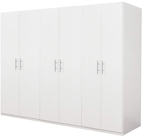 Dmora Armoire à 6 portes battantes, blanc mat, avec tringle à vêtements, Dimensions 270 x 202 x 53 cm