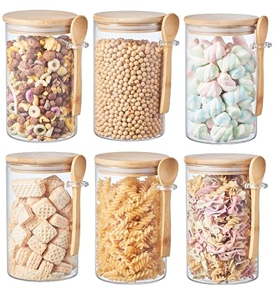 ORNAMI Glass Food Jar with Natural Bamboo Lid and Spoon, Airtight Small Clear Canister Jar for Kitchen Storage, for Sugar, Seeds, Salt, Pepper, Spices - Set of 6 (1L, Round)