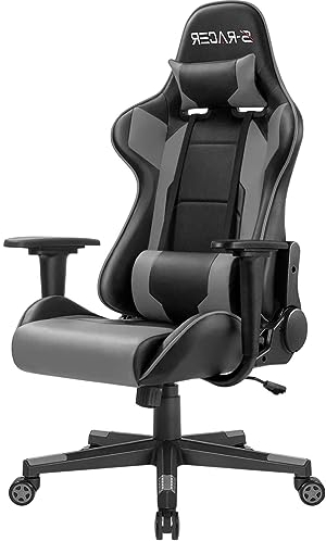 Homall Sedia da ufficio ergonomica da gaming per adulti, sedia reclinabile con schienale alto, in pelle sintetica grigia, adatta per uffici, studi, camere da letto e sale multimediali
