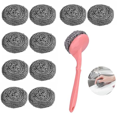 CINY 10 Esponjos De Acero Inoxidable, Juego De Esponjas De Acero Inoxidable con Mango, Utensilios De Limpieza De Cocina, Estropajos De Metal, Estropajos para Limpiar Ollas, Parrillas y Horno (18 g)