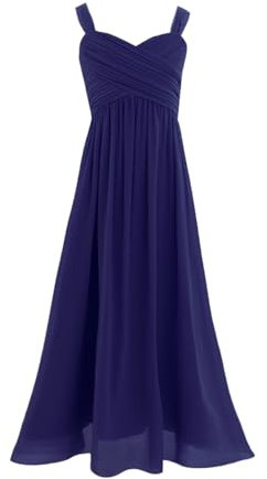 Freebily Longue Robe à Bretelles Mariage Cérémonie Enfant Fille Robe Demoiselles d'honneur Eté Robes de Fête Gala en Mousseline Bleu Marine 12 Ans