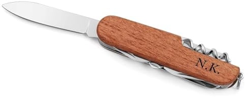 Maverton Taschenmesser mit Gravur, 12 in 1, Länge: 9 cm, Braun | Kompaktes Multitool-Messer, aus Edelstahl + Holz, Geburtstagsgeschenk für Männer