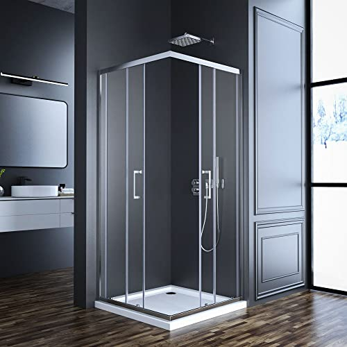 Goezes Duschkabine Eckeinstieg 80x90cm, Eckeinstieg Duschkabine mit Doppel Schiebetüren 6 mm ESG Glas Duschabtrennung Dusche Duschwand Höhe 185cm