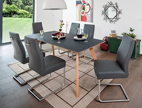 Tischgruppe Tisch Tromsa 140x90 cm Kernbuche lackiert Glasplatte Vidrio grau + 6 Schwingstühle Giada mit Metallgriff Bezug Kunstleder Kaiman grau, Esszimmer Wohnzimmer Küche Massivholz Essgruppe