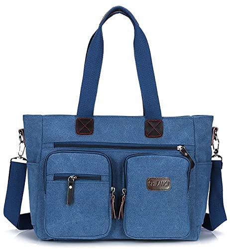 SHIFANQI Damen-Laptop-Einkaufstasche für die Arbeit, leichtes Segeltuch, 15,6 Zoll, Handtasche mit Griff oben, Handtasche,Umhängetasche mit mehreren Reißverschlusstaschen(Blau)