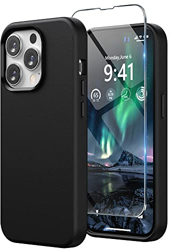 SURPHY Hülle für iPhone 14 Pro Leder Hülle mit Displayschutzfolie, Kunstleder Handyhülle iPhone 14 Pro Case 6,1 Zoll, iPhone 14 Pro Hülle Dünne Protective Schutzhülle (mit Mikrofaserfutter) (Schwarz)