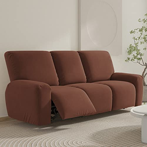 FANSU Stretchhusse für Relaxsessel Komplett Sesselschoner für Recliner Chair, Einfarbig Sesselbezug mit Taschen Wohnzimmer Elastisch Bezug für Fernsehsessel (Braun, 3 Sitzer)