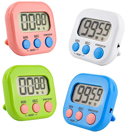 Kikuo Timer Cuisine 4 Pièces - Chronomètre à Gros Chiffres Avec Support Arrière et Trou de Suspension Pour la Cuisine, la Salle de Bains, L'étude