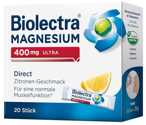 Biolectra Magnesium 400 mg Direct Sticks Zitrone, 20 Stück: Für eine normale Muskelfunktion bei erhöhtem Bedarf, Magnesium Direkt-Sticks, hochdosiert