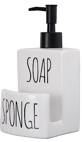 Ceramic Dish soap Dispenser with Sponge Holder Hand and Dish Soap Dispenser Set for Kitchen 2-in-1 Countertop Soap Pump Dispenser for Kitchen Sink, Useful Kitchen Gadgets - Modern Farmhouse White