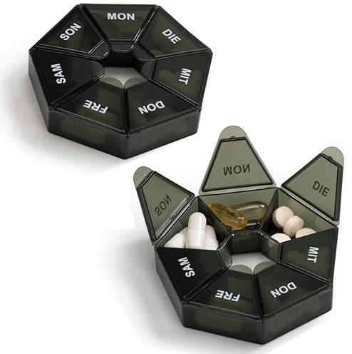 Longivia® Tablettenbox 7 Tage auf Deutsch Schwarz Pillendose mit Große Fächer - Klein Rund Medikamentenbox, Dosette für Medikamente, Pillen Organizer, Pill Box 7 Days, Tablettenspender