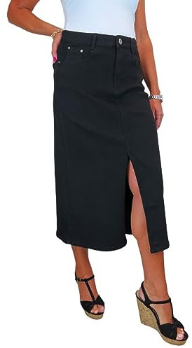 Paulo Due Women's Front Split Denim Maxi Skirt Ladies Long Straight Jeans Style Skirt Black 10-22 (14)
