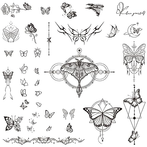 2 Blätter Fake Tattoos Schmetterling Schwarz Temporäre Klebetattoos Erwachsene Wasserdicht Tattoo Mädchen Arm Tattoo Klebe Aufkleber Tatoos zum Aufkleben Frauen Damen Kinder Männer
