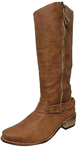 Fulidngzg Stiefel Damen Leder Biker Boots Westernstiefel mit Absatz Dicke Waden Cowboy Boots XXL Schaft Cowboystiefel 70er Jahre Herbst Winter Stiefel Heel Plateau Trachten Schwarz Braun Chelsea Boot