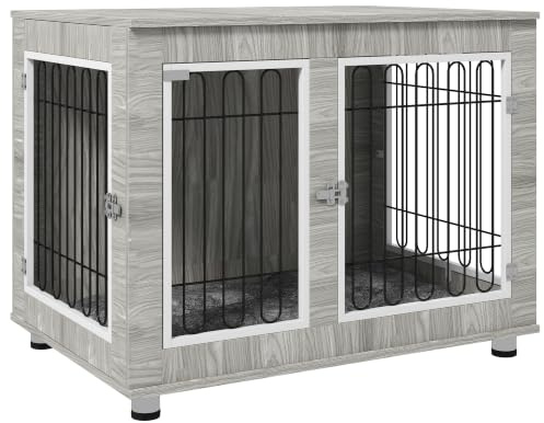 PawHut Dog Crate Furniture Indoor for Large Breeds 106 x 74 x 81.5 cm Grey | Dog Kennel Side End Table with Cushion, Double Doors
