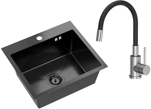 VBChome Fregadero empotrado de acero inoxidable con grifo, 50 x 45 cm, negro, fregadero grande, sifón, caño