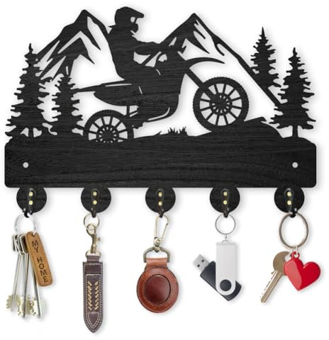 MAYJOYDIY Porte-Clés Mural en Bois pour moto, montagne, forêt 30 × 20cm Crochets muraux de moto, noir, 5 crochets en alliage pour décoration murale, entrée, porte d'entrée, cadeau
