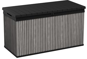 Keter Auflagenbox/Kissenbox 570 Liter l 100% Wasserdicht l mit Belüftung dadurch kein übler Geruch/Schimmel l Moderne Holzdielenoptik l Deckel belastbar bis 300 KG (2 Personen)