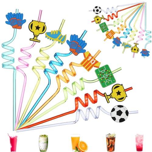 16 Pcs Reusable Drinking Straws Plastic Colorful Clear Curved Drinking Straws Football Decoration Cartoon Drinking Straws for Milk Juice Cocktail Tea Cups for Kids Adults