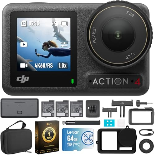 DJI Osmo Action 4 Adventure Combo - 4K Waterproof Action Camera with Battery Case Bundle with Lexar 64GB Memory Card, Protective Case, Carrying Case and 1 YR CPS Enhanced Protection Pack