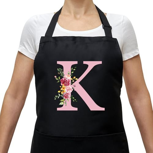 Personalisierte Initialen Schürzen Damen, Kochschürze Baumwolle Verstellbare Küchenschürze mit Taschen zum Kochen, Backen, Geschenk für Frauen Mama Oma Freundin zum Geburtstag Muttertag Weihnachten K
