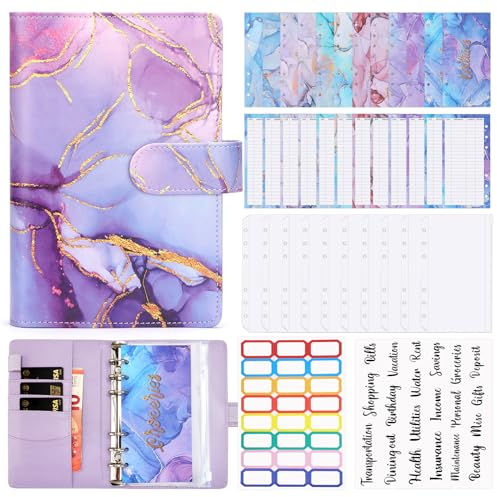 Anyfirst Budget Binder Planner, Raccoglitore ad Anelli A6, Agenda Risparmio Soldi con Buste, Raccoglitore Soldi per Risparmi con 12 Fogli di Bilancio & 10 Buste per il Denaro, Viola