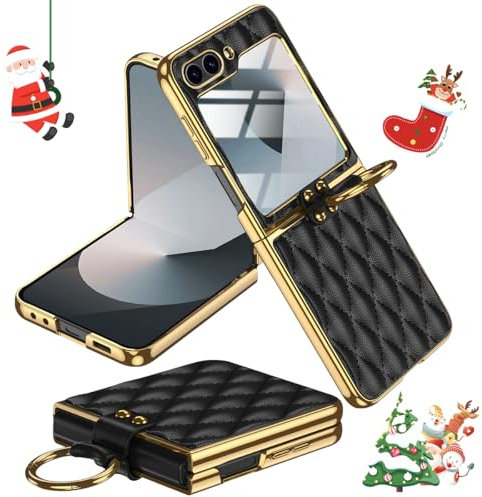 Miimall Lederhülle Kompatibel mit Samsung Galaxy Z Flip 6/Flip7 FE Hülle mit Kameraschutz+Ring Ständer Galvanisierter Rahmen Stoßfest Handyhülle für Galaxy Z Flip 6/Flip7 FE-Schwarz