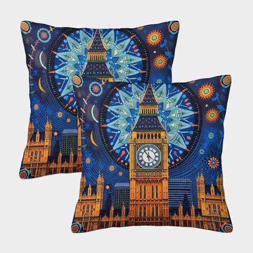 VesFy Big Ben Zierkissenbezug 2er Set Kissenhülle Kissen Deko Couchkissen Bezug Glockenturm Dekorative Kissenbezüge Für Sofa Couch Schlafzimmer 50x50cm