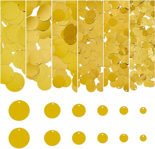 DICOSMETIC 6 Größen 880 Stück Flache Runde Pailletten Aus Kunststoff - Goldene Metallic-Große Lose Pailletten Für Dekoration Kleidung Und Stickerei 8/10/12/16/19/25 mm