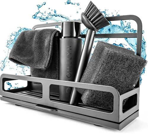 HOMELYN Spülbecken Organizer Set inkl. Spülbürste, Schwamm, Spülmittelspender & Lappen I Organizer Küche aus Edelstahl I Modernes Design, platzsparend, Abtropfschale I Zubehör jederzeit nachkaufbar