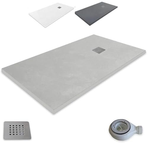 Plato de Ducha Antideslizante 70x150cm - Plato Ducha Resina Resistente a Agentes Químicos - Plato Ducha Antibacteriano - Incluye Rejilla Desagüe Ducha y Válvula Sifón Plato Ducha - Ral 7030 Cemento