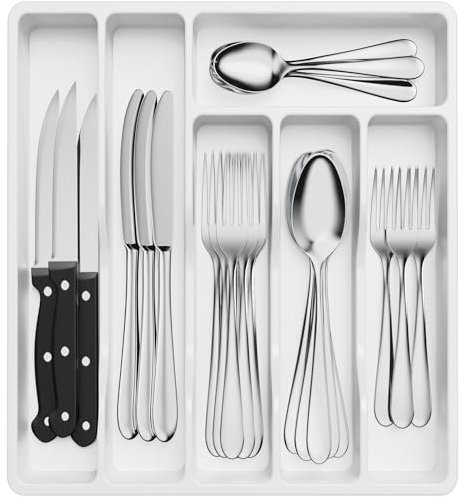 Lifewit Besteckkasten für Schubladen, Besteck Organizer Schublade Organizer Küche Kompakt Besteckeinsatz Utensilienhalter für Schublade aus Kunststoff für Löffel, Gabeln, 6 Fächern, Weiß
