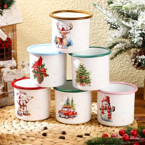 Geiserailie 6 Pcs 12 oz Christmas Enamel Mugs: Festive Christmas Coffee Mugs with 6 Pattern Designs, Perfect for Gifts and Home Decor