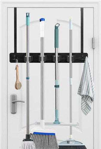 Cyiecw Besenhalterung Wand oder Besenhalter über der Tür, Bohrbare Werkzeug Wandhalterung, Holz Edelstahl Besen Mop Werkzeug Gartengerätehalter, Tür Organizer mit 4 Halter und 2 Haken, 1PCS (Schwarz)