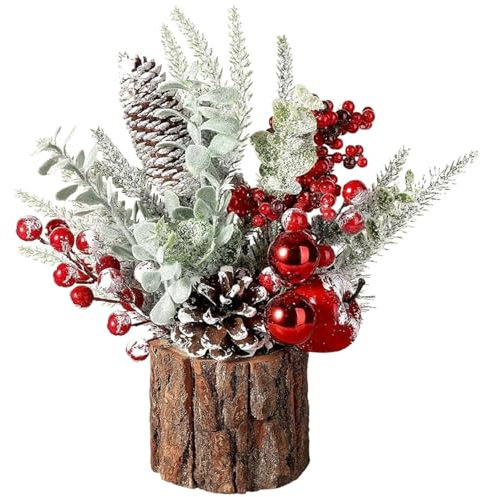 Pièce centrale de Noël, décoration de table de Noël, arbre de Noël artificiel avec baie rouge, pignons de pin & verdure, centres de table de Noël bricolage pour cheminée de cheminée à la maison