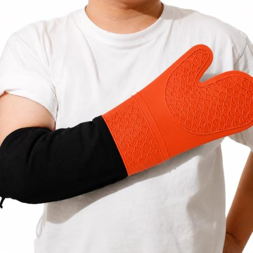 Extra Long High Temp Oven Mitts - 2pcs Commercial, Heavy Duty Non-Slip Grip Mitts - Silicone Heat Resistant Up to 500 Degrees, Ideal for Cooking, Baking & Frying, Orange