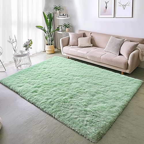BSGIFT Teppich Hochflor Flauschig Grün 140x200 - Teppich rutschfest für Wohnzimmer Schlafzimmer Kinderzimmer - Modern Wohnzimmerteppich Bettvorleger, Mintgrün Shaggy Langflor Fellteppich