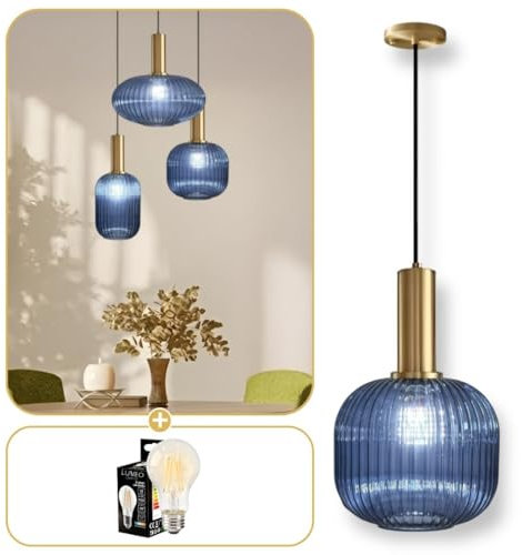 Lumeo creative | Suspension verre fumé Cristali | Lustre vintage pour salle à manger, ilot de cuisine, entree | suspension luminaire salon doré | Suspension vintage (Bleu Saphir, B - Poignée Tube)