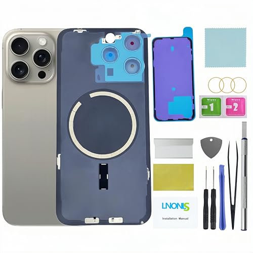LNONLS 15 Pro Max Rückglas-Ersatz für iPhone 15 Pro Max, Rückabdeckung, Glas, wasserdicht und Kameraobjektiv, professionelles Reparaturwerkzeug-Set (natürliches Titan)