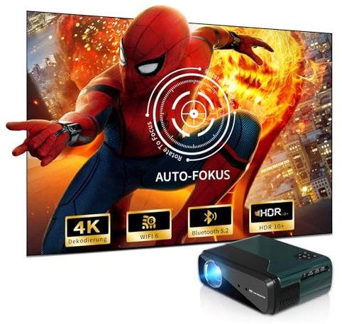 CWEUG Tragbarer Smart Beamer 4K Android TV, Auto Fokus WIFI6 Bluetooth Full HD 1080P Beamer Auto Trapezkorrektur, 9500Lm 50% Zoom Handy LED Projektor kompakt Netflix Heimkino für Gaming, Outdoor Film