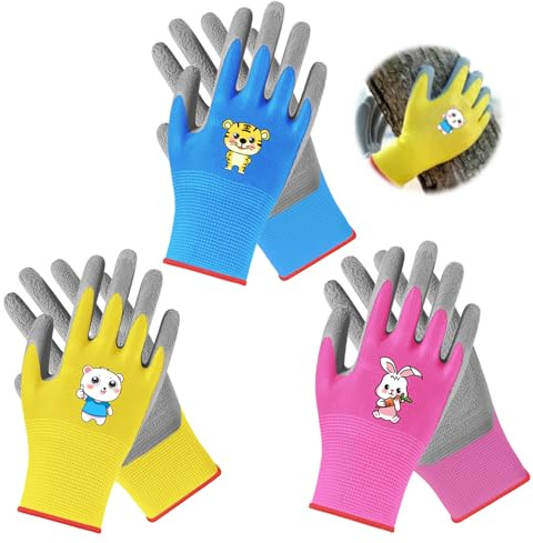 HJJMN 3 Paar Cartoon Arbeitshandschuhe Kinder, Rutschfeste Schutzhandschuhe | Hochwertige Gartenhandschuhe Kinder Alter 3-6, Latex Schutzhandschuhe mit HandfläChenbeschichtung zum Gärtnern Rosa/Blau/Gelb