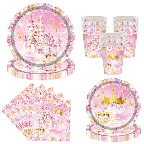 Princess Party Decorations, Princess Party Tableware, Serves 20, Pink Paper Plates, Napkins, Cups for Castle Birthday Supplies