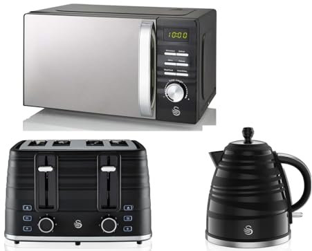 Swan Symphony Black 1.7L 3KW Kettle, 4 Slice Toaster & 700W 20L Microwave. Contemporary Matching Kitchen Set in Black High Gloss and Matt Finish SK31050BN / ST31054BN / SM22038LBN