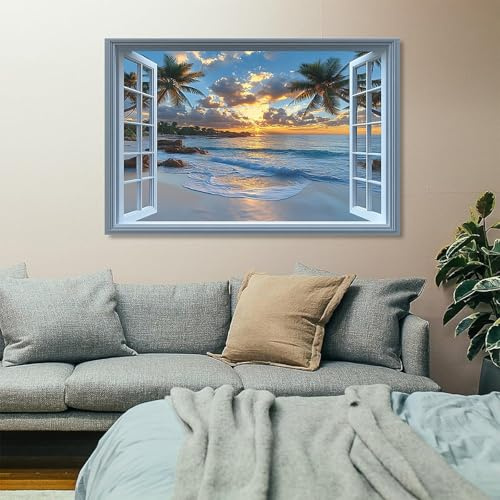 Generisch Cuadros de 60 x 120 cm en lienzo grandes póster con vistas al mar | palmeras delante de la ventana, impresiones artísticas de pared, cuadros modernos para salón, lienzo decorativo para