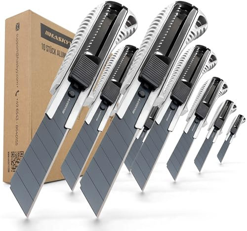 HASKYY Cuttermesser Teppichmesser Cutter Set 18mm 10 Stück SK5-Hochkarbonstahl extra scharf, Ergonomischer Alu-Körper & Gummigriffzone, Integrierter Klingenbrecher