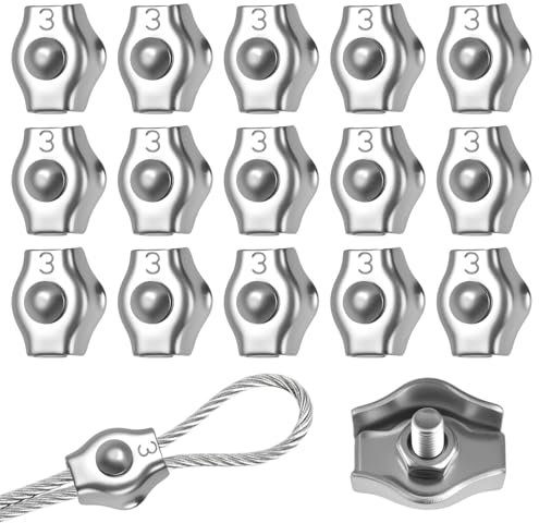 15 Pièces Serre Cable Acier pour Câble Métallique 2mm 3mm, Serre Cable Inox M3, Serre-Câbles en Acier Inoxydable 304, Tendeur Cable Inox, Serre Cable Metallique pour Fixation D'auvent de Corde à Linge