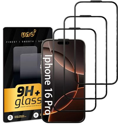 Uno' [3 Unidades] Protector De Pantalla De Cristal Templado Para Iphone 16 Pro (6,3). Resistente A Arañazos Y Golpes, Alta Transparencia, Ultrafino Dureza 9h, Marco Negro, Sin Burbujas