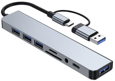 Leloco USB C Hub 8 in 1 USB Hub 3.0 Multiport Adapter mit TF/SD Kartenleser, 3.5mm Audio Anschlüsse, USB-A/C-3.0-Ports Kompatibel mit iPhone 16 Serie MacBook Air/Pro, Galaxy, iPad, Windows usw