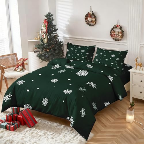 Generisch Bettwäsche 135x200 Grüne Weihnachts Schneeflocken, Weiche Bügelfreie Mikrofaser Bettbezug Set 2tlg, Weihnachts Urlaub Muster Schlafzimmer Deko, 1 Kissenbezug 80x80, mit Reißverschluss TSAW2